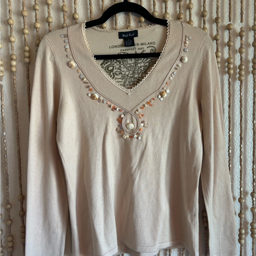 Vintage Coastal Beach Cream Seashell Embellished V Neck Long Sleeve Boho Top S